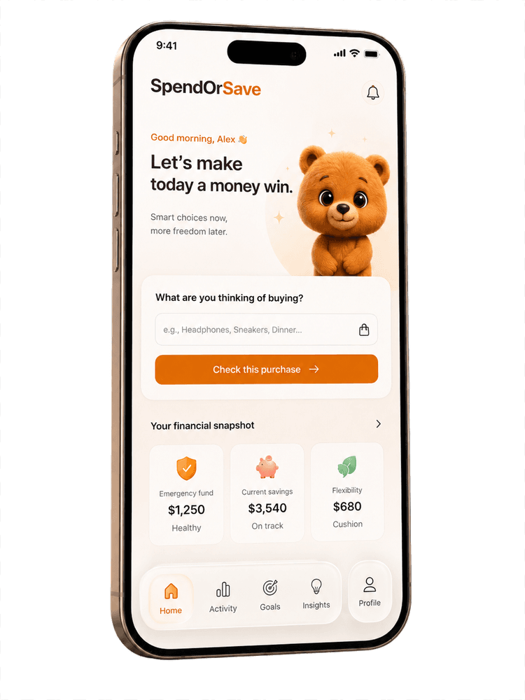 SpendOrSave home screen with a purchase check and financial snapshot